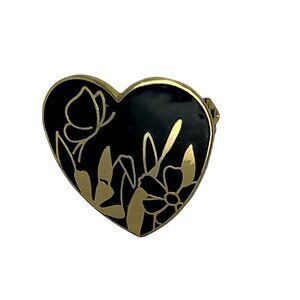 Vintage Heart‎ Brooch Flower Butterfly Gold Tone and Black Enamel